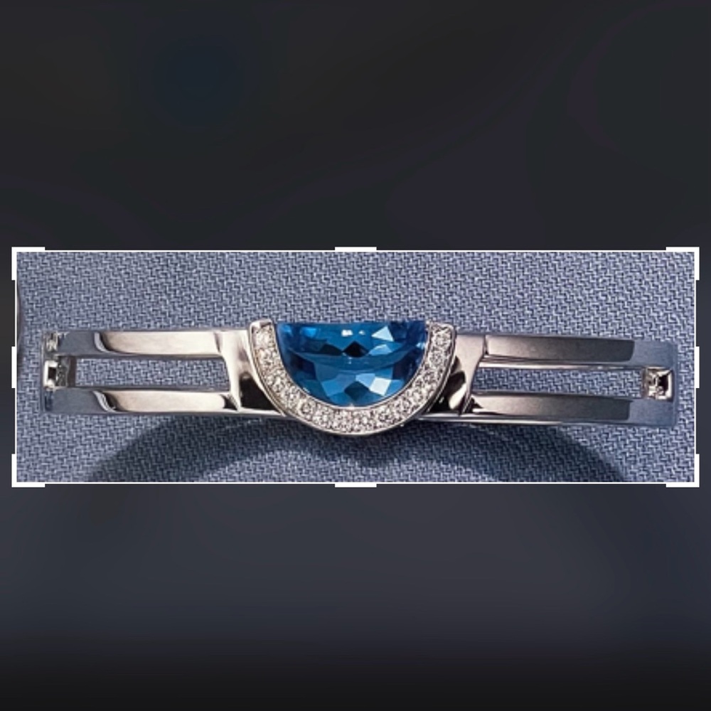 💎MOVADO-BLUE TOPAZ w/0.420carat DIAMONDS,18k WHITEGOLD& SOLID ST SILVER Dbl Band - Picture 4 of 11